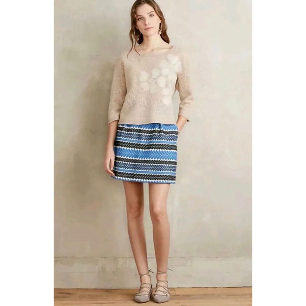 Anthropologie Nomad Skirt Women Large Blue Chevron Eclectic Preppy Mod Career